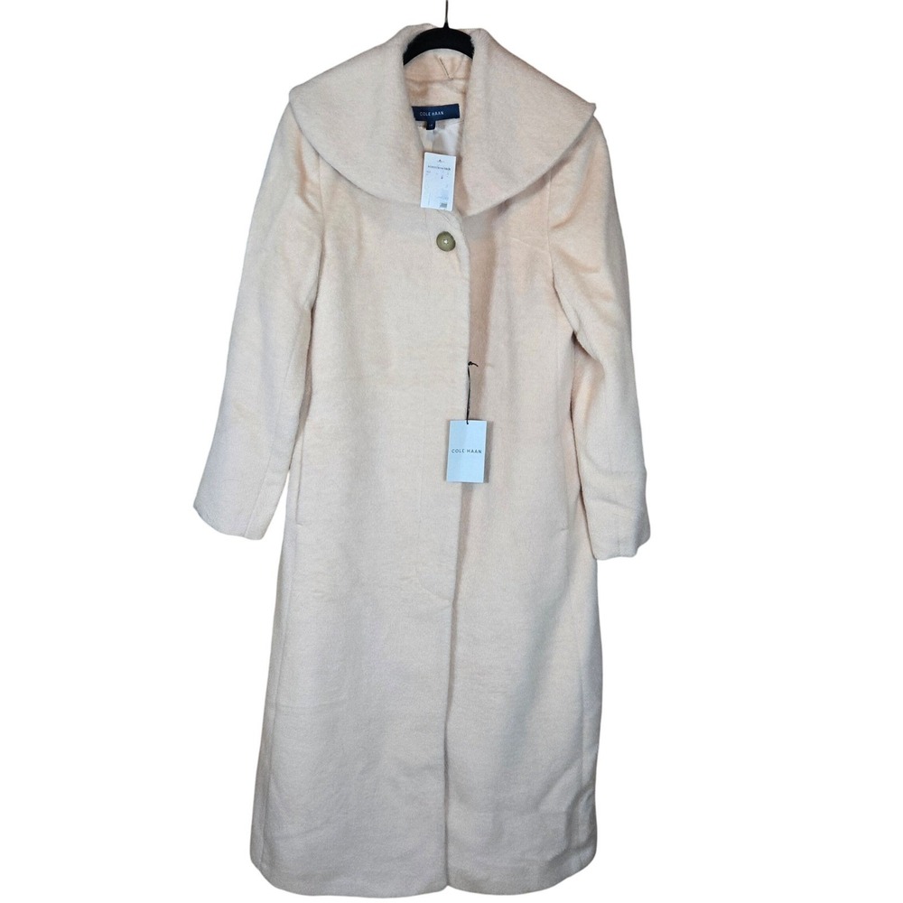 Cole Haan Womens Wool Alpaca Blend Coat Longline Collared Size L Beige - Picture 10 of 10